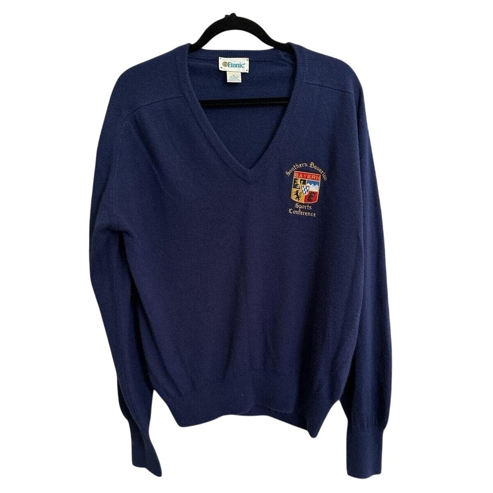 Vintage 90s Etonic V-Neck Sweater Navy‎ Blue Bavarian Crest Made in USA Large